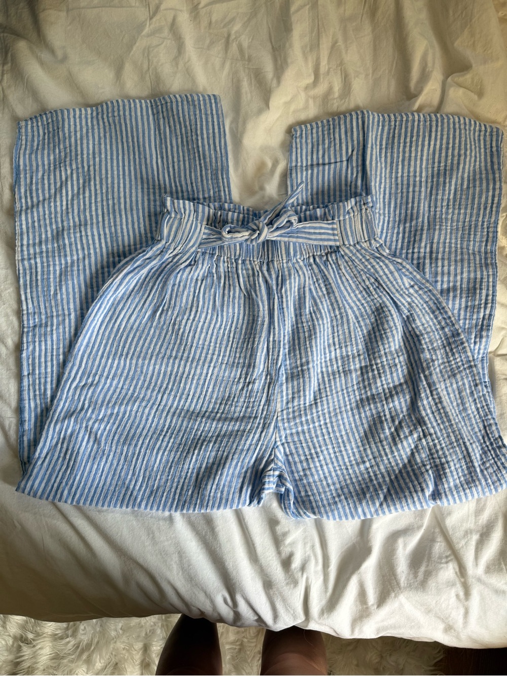 Linen Blue & White Striped Paperbag Waist Pants